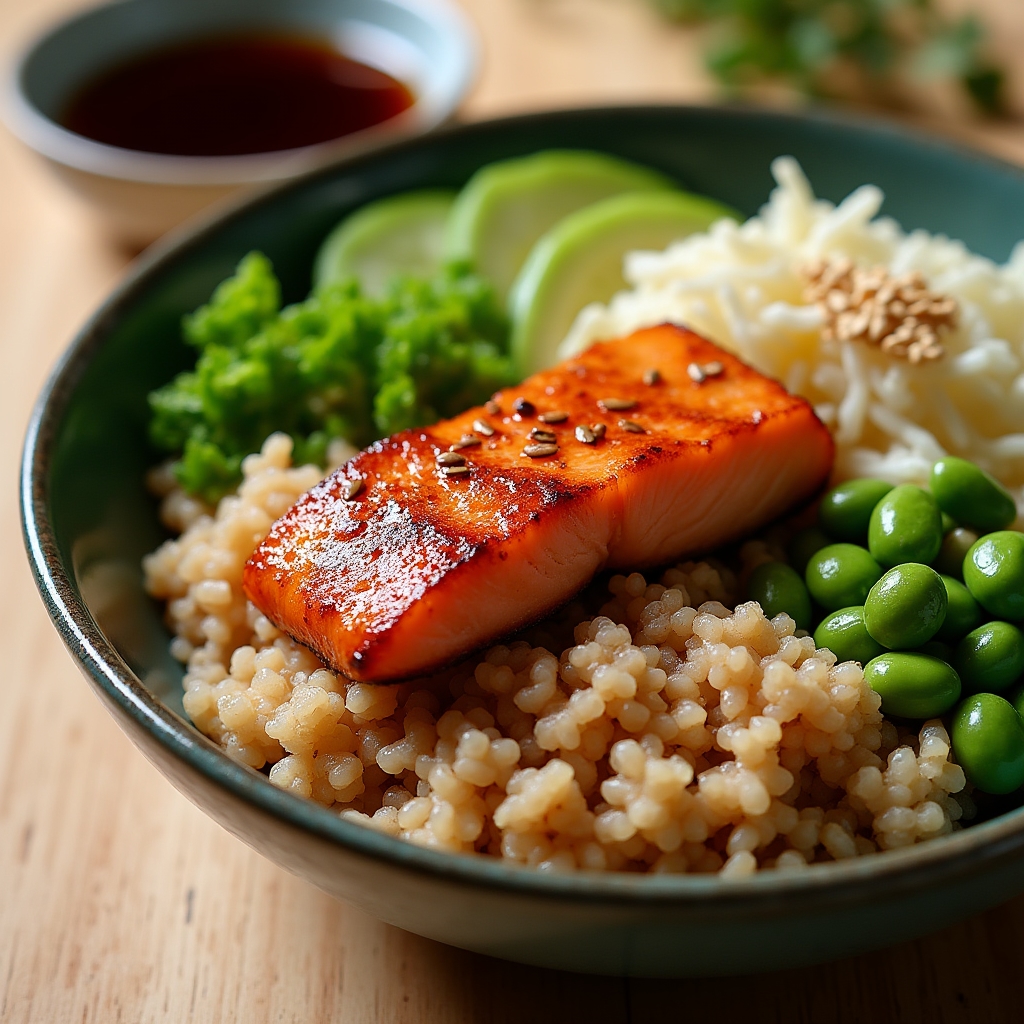 Bowl coloré avec filet de saumon, riz complet, avocat et légumes croquants