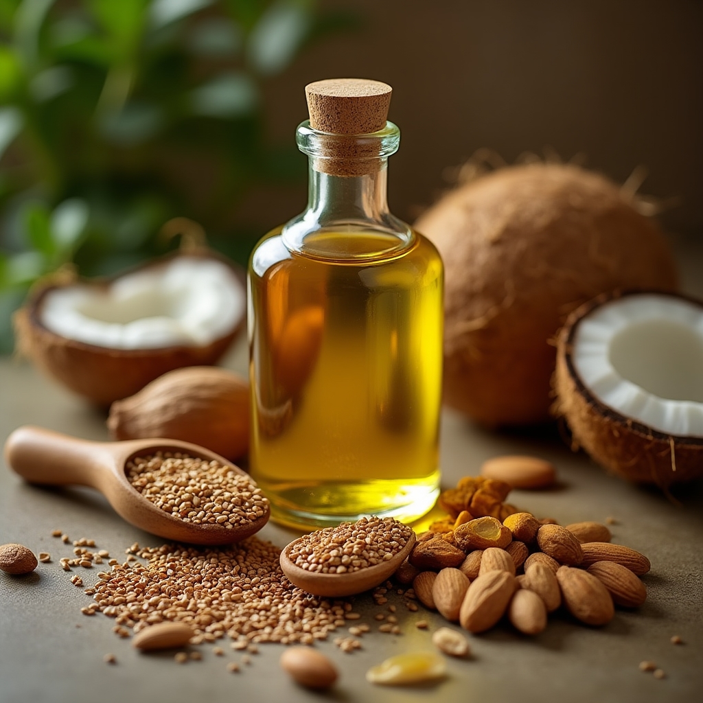 Huiles végétales et graines oléagineuses en petits bols en bois