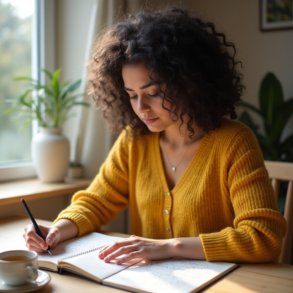 Personne lisant des notes sur la nutrition dans un carnet ouvert sur une table