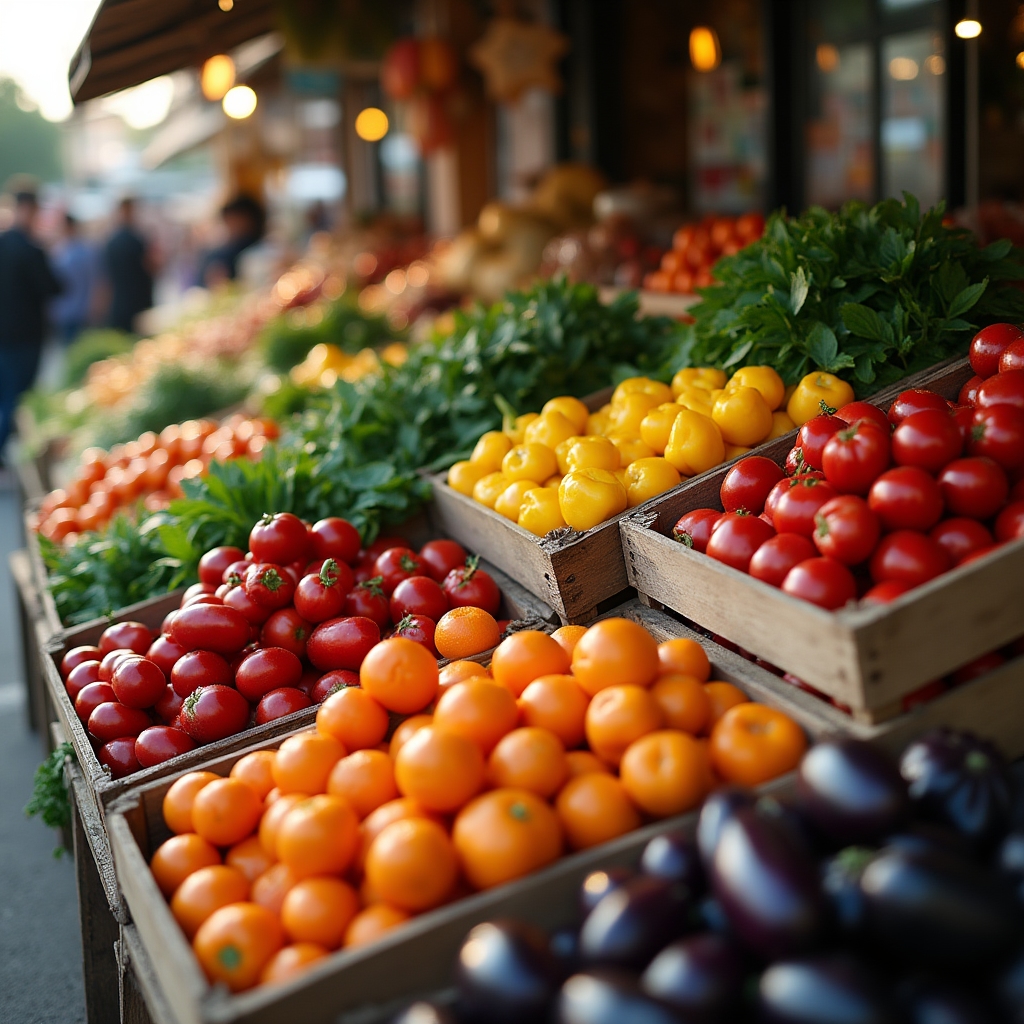 Étals colorés de fruits et légumes frais sur un marché