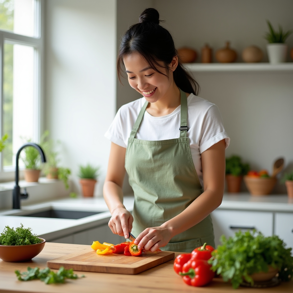 Personne préparant un repas sain avec des légumes frais dans une cuisine lumineuse