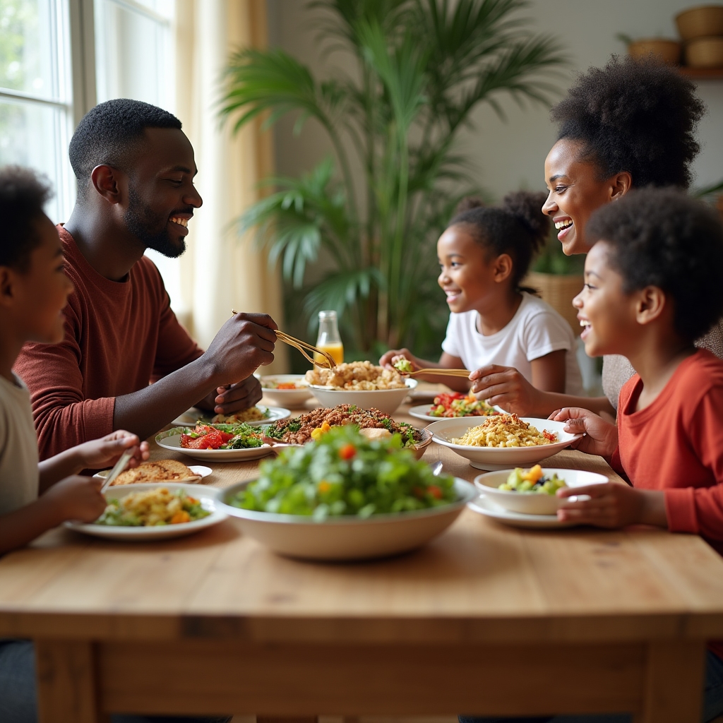 Famille partageant un repas coloré et varié autour d'une grande table