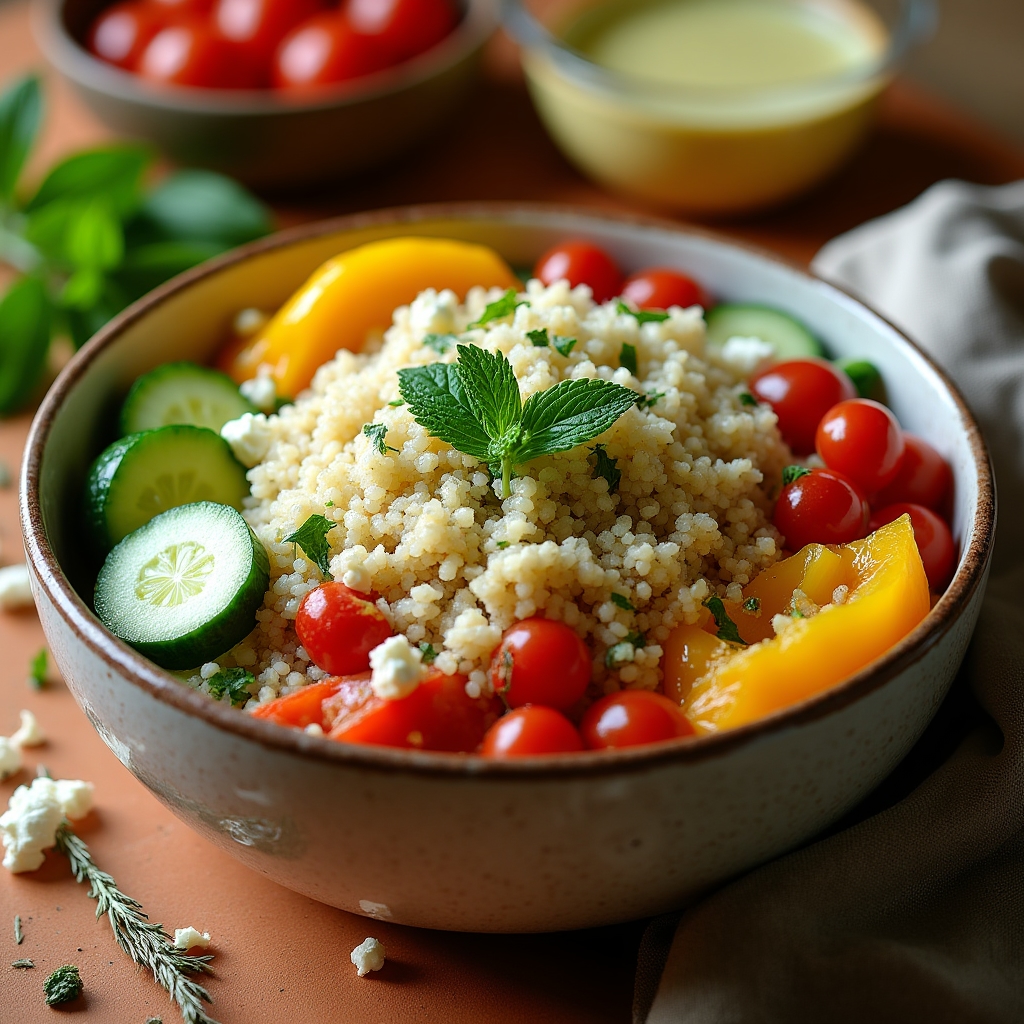 Salade de quinoa colorée avec légumes rôtis et herbes fraîches dans un grand bol