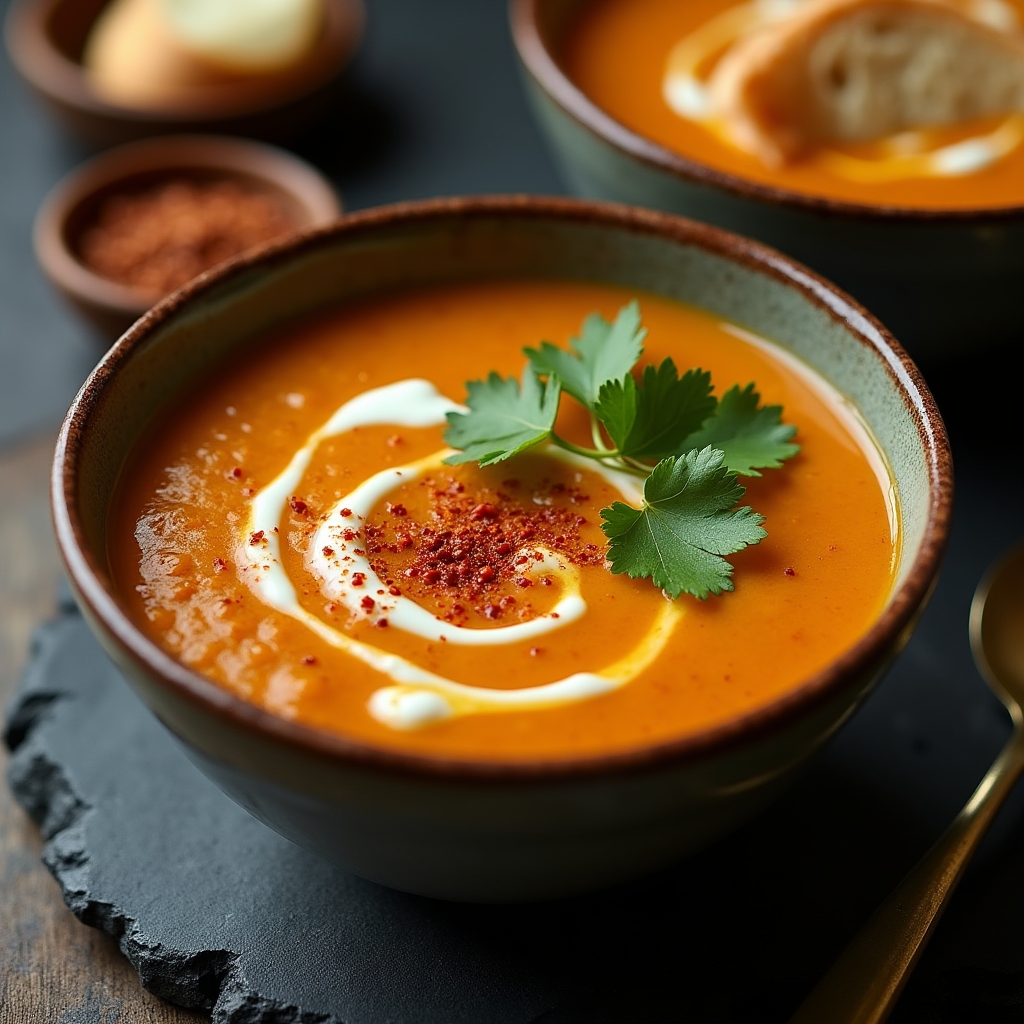 Bol de soupe de lentilles orange avec épices et herbes fraîches, lumière chaude